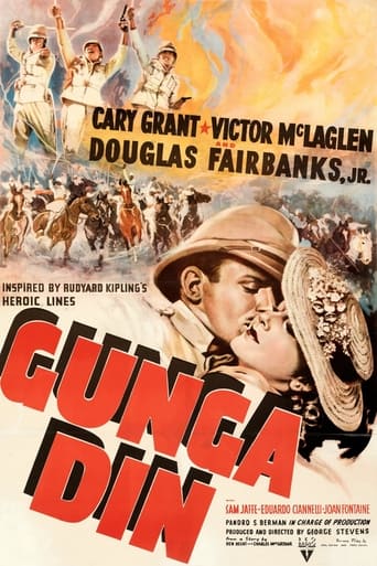 This poster captures the gritty, heroic atmosphere of "Gunga Din," featuring a determined man in a cowboy hat amidst a chaotic battlefield scene. The vibrant red and yellow hues evoke the fiery intensity of the war, while the bold title and tagline emphasize the film's epic scale and dramatic act...