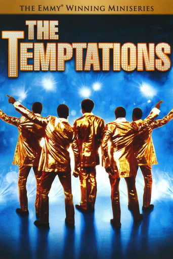 The poster features four silhouetted figures in shimmering gold outfits against a vibrant blue background, evoking a glamorous and nostalgic atmosphere. The title "The Temptations" is prominently displayed in bold, golden letters, suggesting a classic, timeless appeal.