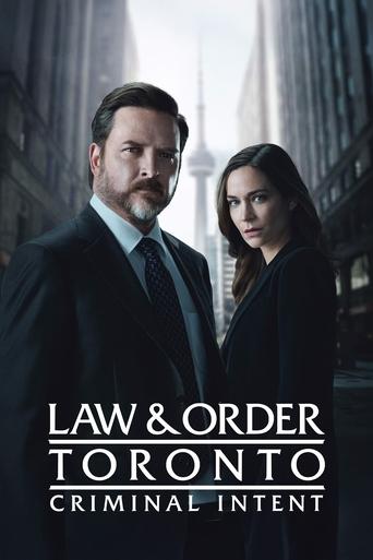 The poster features a somber scene with two men and a woman in dark suits, standing against a backdrop of towering skyscrapers and a cloudy sky. The muted tones of black, gray, and muted blues create a serious and tense atmosphere, reflecting the show's focus on crime and justice.