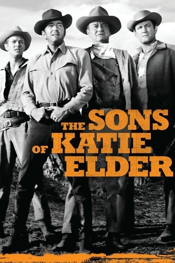 The Sons of Katie Elder poster features four rugged cowboys in a sepia-toned, gritty western setting. The bold orange text stands out against the muted background, evoking a sense of adventure and nostalgia. The image captures a classic Western mood with a strong sense of camaraderie and historic...