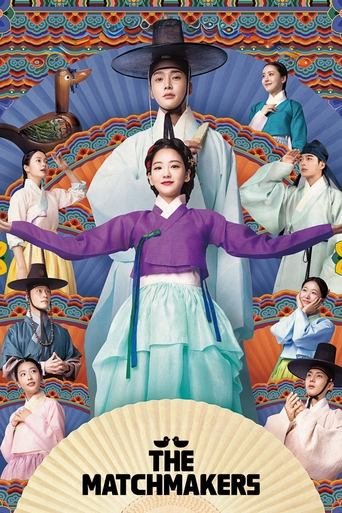 The Matchmakers poster features a vibrant, colorful design with a central figure in a purple and blue traditional outfit, surrounded by a diverse cast of characters in various traditional Korean costumes. The warm, nostalgic colors evoke a sense of cultural richness and historical drama, while th...