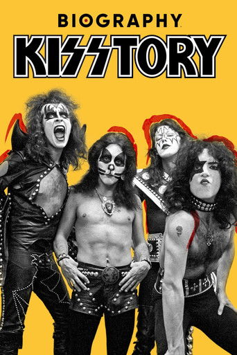 The poster features four rock musicians with edgy, rebellious styles, set against a bold yellow background. The title "Biography: KISStory" dominates the top in black and white, emphasizing the documentary's focus on the band's history. The overall mood is intense and nostalgic, capturing the ess...