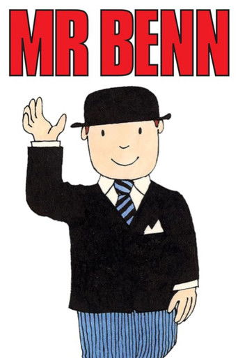 The poster features a cheerful cartoon man in a black suit and bowler hat waving enthusiastically. Bold red letters spell out "MR BENN" at the top. The playful, friendly mood suggests a friendly TV show.