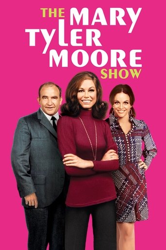 The Mary Tyler Moore Show poster features three smiling characters against a vibrant pink background. The central figure in a red sweater stands confidently with arms crossed, while the man on the left wears a suit and the woman on the right dons a patterned dress. The bright, cheerful colors evo...