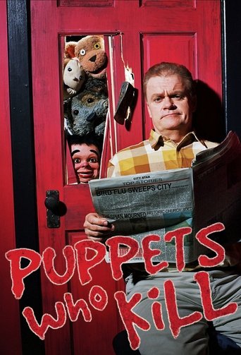 A man in a yellow shirt stands before a red door, holding a newspaper. Inside, a puppeteer holds a stuffed bear, while another puppeteer's face peeks through the door. The red door contrasts with the man's yellow shirt, creating a vivid visual. The mood is mysterious and slightly eerie.