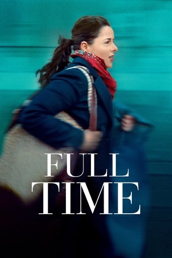 The poster features a woman in motion, captured mid-stride against a vibrant teal background. She wears a blue jacket and red scarf, exuding a sense of urgency and determination. The bold white text "FULL TIME" anchors the composition, suggesting a dramatic, fast-paced narrative.