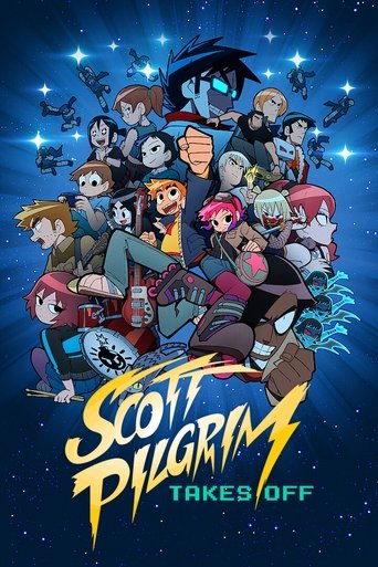 The poster features a vibrant group of animated characters in dynamic poses against a starry night sky. The characters are dressed in colorful outfits, with some wearing superhero-like costumes. The mood is energetic and adventurous, suggesting a thrilling space adventure. The title "Scott Pilgri...