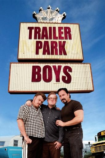 The poster features three rugged men in a sunny, vibrant scene against a clear blue sky. Their confident poses and expressive faces convey a sense of camaraderie and humor. The iconic "Trailer Park Boys" sign with its playful font and crown adds a whimsical touch, while the bright colors and chee...