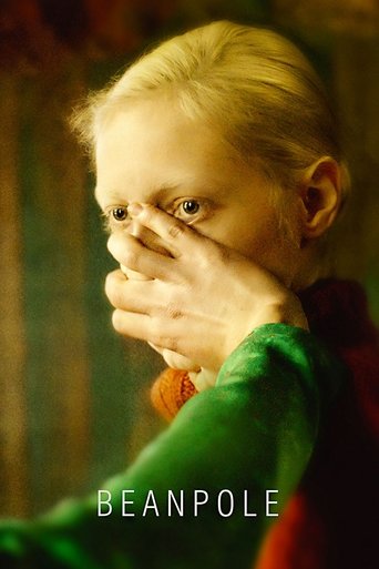 A young girl with blonde hair covers her mouth with her hand, her eyes wide and intense. The poster features a green sleeve against a warm, earthy background. The title "BEANPOLE" is prominently displayed in white text at the bottom.