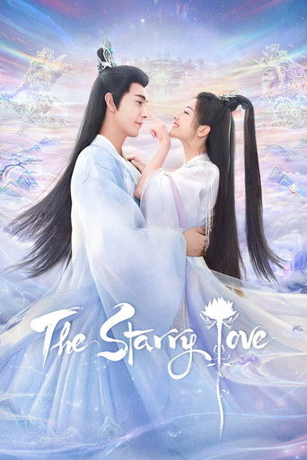 The poster features a tender moment between two characters in flowing white robes, set against a dreamy, ethereal sky with soft pastel hues. The mood is romantic and magical, capturing a timeless romance with gentle expressions and gentle lighting.