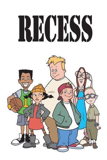 The poster features a lively group of animated characters in colorful clothing, exuding a cheerful and playful mood. The bold "RECESS" title sets the scene, while the vibrant colors and dynamic poses suggest an energetic and fun-filled environment.