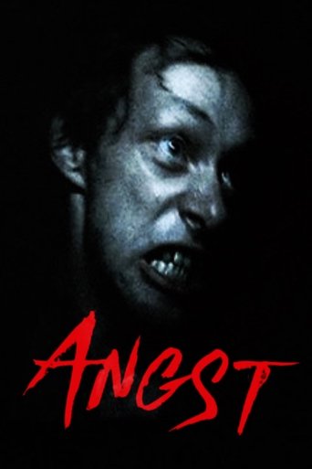 The poster features a dark, moody image of a man with an unsettling expression, his face illuminated against a shadowy background. The word "ANGST" is written in bold, red, jagged letters at the bottom, evoking a sense of horror and dread.