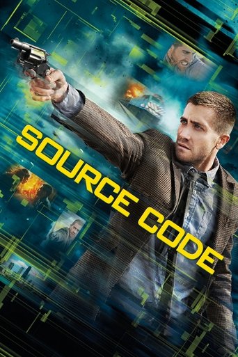 The poster features a determined man in a brown jacket holding a gun, set against a cyberpunk cityscape with glowing green and blue digital elements. The title "SOURCE CODE" is prominently displayed in bold yellow letters. The overall mood is intense and action-packed, suggesting a thrilling sci-...