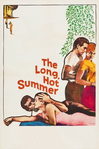 This vintage movie poster captures a romantic summer scene with three women in a lush garden. The warm colors and playful composition evoke a nostalgic, carefree mood. The title, "The Long, Hot Summer," stands out in bold red letters, emphasizing the film's theme of enduring summer love.
