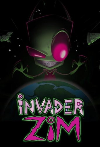 The poster features a menacing alien with glowing pink eyes and sharp teeth, looming over a planet in space. The title "Invader ZIM" is prominently displayed in bold, neon-pink and white lettering. The dark background enhances the eerie, sci-fi atmosphere.