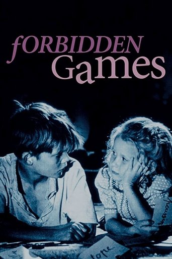 The poster features two children in a dimly lit room, their faces illuminated by soft blue light. The title "FORBIDDEN GAMES" is prominently displayed in a stylized font. The overall mood is mysterious and slightly eerie, suggesting a thriller or horror genre.
