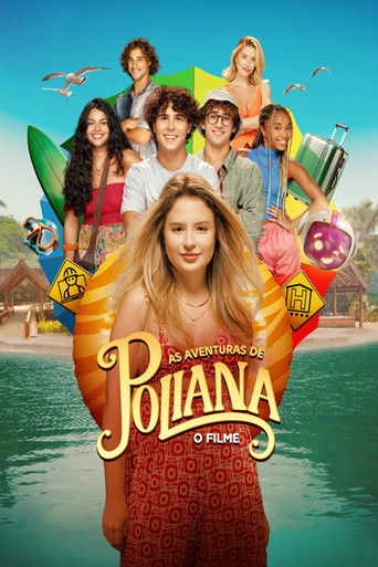 The vibrant poster features a central blonde girl in a red dress, surrounded by colorful characters in a lively beach setting. Bright blues, oranges, and greens dominate the scene, creating a cheerful and energetic atmosphere. The title "As Aventuras de Poliana: O Filme" is prominently displayed,...