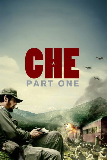 The poster features a man in a military uniform sitting on a hill, looking out over a war-torn landscape. The red "CHE" title stands out against the muted tones of the mountains and sky. Birds fly in the distance, adding a sense of urgency and action. The overall mood is somber and reflective, ca...