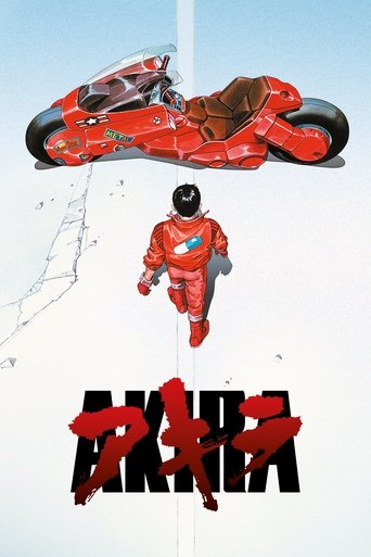 A futuristic motorcycle rider in a red suit leaps through a shattered sky, with the bold "AKIRA" title at the bottom. The scene captures a high-octane, action-packed moment with dynamic motion lines and vibrant reds against a stark white background.