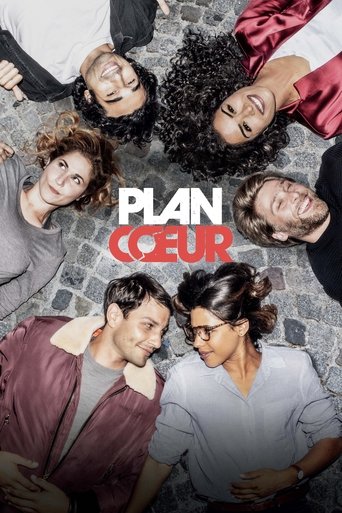 The hook-up plan poster features seven diverse individuals lying on a cobblestone street, exuding a playful and relaxed vibe. The vibrant colors of their clothing and the playful arrangement create a lively atmosphere, while the bold text "PLAN CEUR" adds a touch of humor and intrigue.
