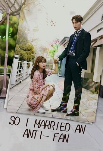 The poster features a couple in a romantic pose, with the woman in a floral dress and the man in a sharp suit. The background is a soft, dreamy garden scene with white railings and greenery. The text at the bottom reads "SO I MARRIED AN ANTI-FAN" in bold, black letters. The overall mood is playfu...