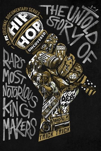 The poster features a chaotic, stylized illustration of a person in a hoodie, surrounded by other figures in various poses. The design uses bold, metallic gold and black tones against a dark background, creating a gritty, urban atmosphere. The text "Hip Hop Uncovered" and "The Unfolded Story of" ...