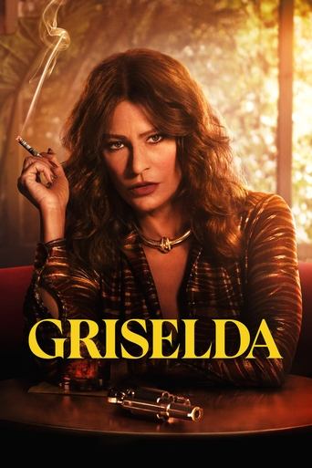 The poster features a glamorous woman with wavy brown hair, holding a cigarette and wearing a leather jacket. She exudes confidence against a warm, golden background. The title "GRISELDA" is prominently displayed in bold yellow letters at the bottom, creating a striking contrast. The overall mood...