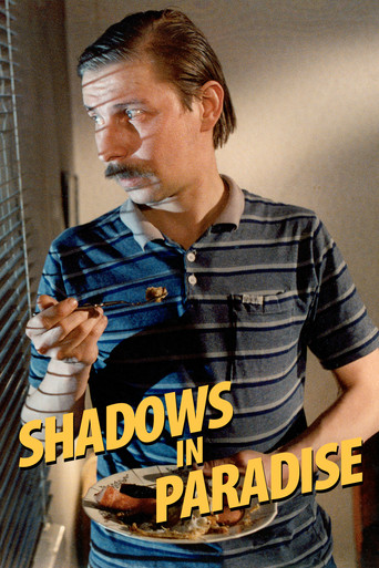 The poster features a man with a mustache and glasses, wearing a striped polo shirt, holding a plate of food. The title "SHADOWS IN PARADISE" is prominently displayed in bold yellow letters. The mood is mysterious and intriguing, suggesting a thriller or mystery genre.