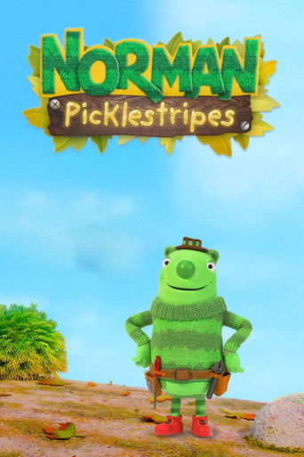 The poster features a cheerful green monster character, Norman, standing confidently against a bright blue sky. The title "Norman Picklestripes" is displayed in bold, playful letters with a rustic brown background. The overall mood is lighthearted and inviting, capturing the essence of a fun, ani...
