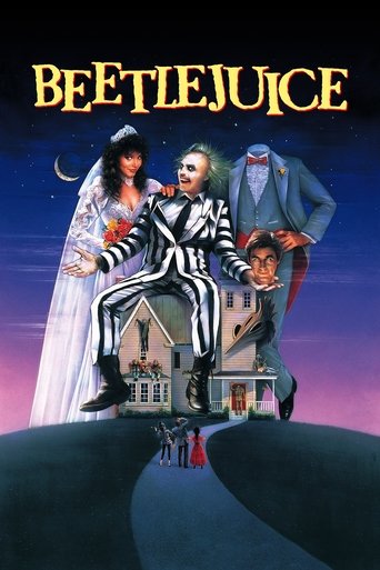 The poster features Beetlejuice in his iconic black suit, surrounded by a whimsical scene with a ghostly figure and a haunted house. The dark blue background with purple hues creates a spooky yet magical atmosphere. The title "Beetlejuice" is prominently displayed at the top in bold, yellow letters.