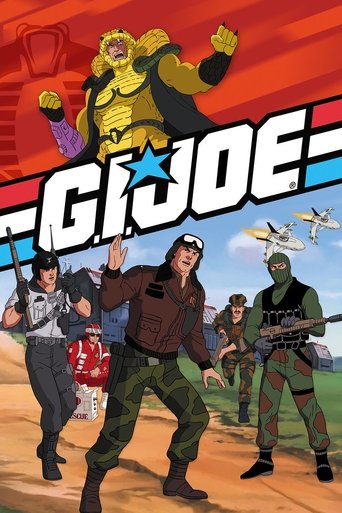This vibrant poster features a dynamic scene with a central soldier in a brown vest and green uniform, surrounded by other soldiers in various combat gear. The background showcases a dramatic sky with red and orange hues, while futuristic aircraft hover above. The bold "G.I. Joe" logo dominates t...