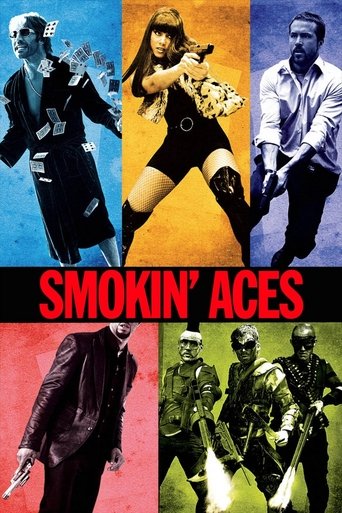 The poster features four action figures in dramatic poses against vibrant backgrounds—blue, yellow, red, and green. The bold red title "SMOKIN' ACES" dominates the center, evoking a gritty, high-octane atmosphere. The figures exude confidence and readiness, suggesting a thrilling adventure.