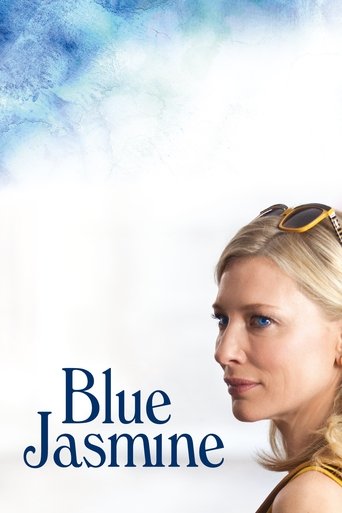 The poster features a woman with sunglasses resting on her head, exuding elegance against a serene blue and white backdrop. The title "Blue Jasmine" is elegantly displayed in dark blue text, evoking a sense of mystery and intrigue. The overall composition suggests a film about a woman navigating ...