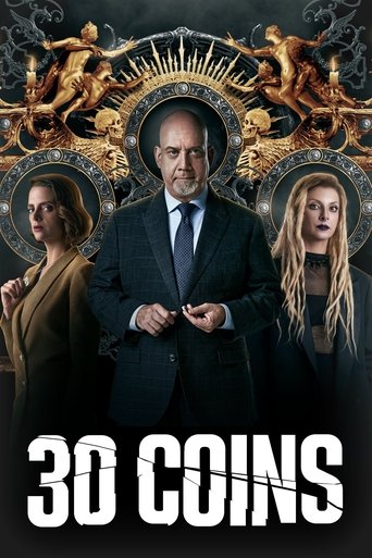 The poster features a central figure in a dark suit against a dramatic backdrop of golden figures and ornate designs. Two women flank him, one with dark hair and the other with blonde hair, both looking serious. The title "30 Coins" is prominently displayed at the bottom in bold white letters. Th...