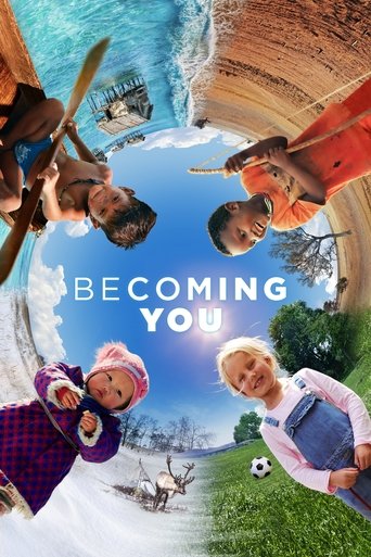 The poster features a group of children in a fisheye lens, capturing their joyful expressions against a vibrant blue sky. The warm colors of their clothing contrast with the cool tones of the water and sky, creating a lively and inviting atmosphere. The playful composition evokes a sense of adven...