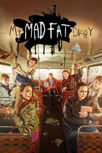 The poster features a chaotic scene inside a subway car with multiple characters in various poses, some holding drinks or phones. The warm, slightly yellowish lighting creates an energetic yet slightly surreal atmosphere. The title "My Mad Fat Diary" is prominently displayed at the top in bold, d...