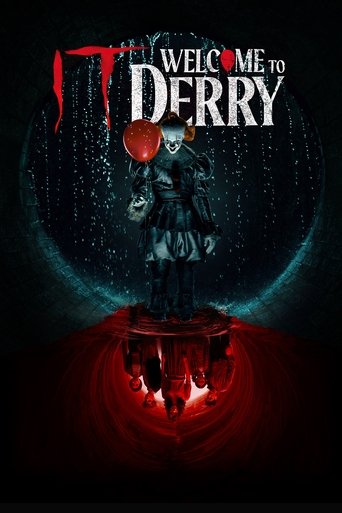 The poster features a dark, eerie scene with a ghostly figure standing amidst swirling red and blue hues. The title "IT: Welcome to Derry" is prominently displayed in bold, gothic-style lettering. The atmosphere is ominous and mysterious, evoking a sense of supernatural horror and suspense.