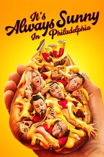 The poster features a hand holding a giant, cheesy pizza topped with numerous faces of the show's characters, all smiling and laughing. The bright yellow background and playful font convey a fun, energetic, and chaotic mood.