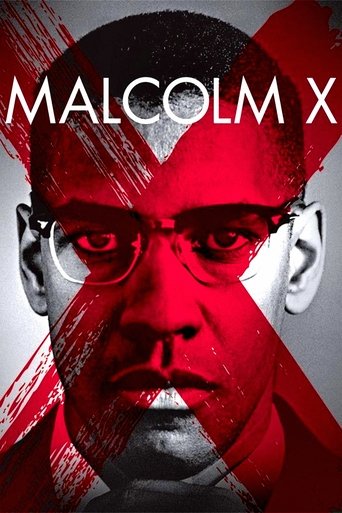 The poster features a close-up of Malcolm X with intense, piercing red eyes against a stark black background. Dominating the image is a bold red X, symbolizing the film's themes of racial conflict and historical struggle. The overall mood is somber and powerful, evoking themes of oppression and r...