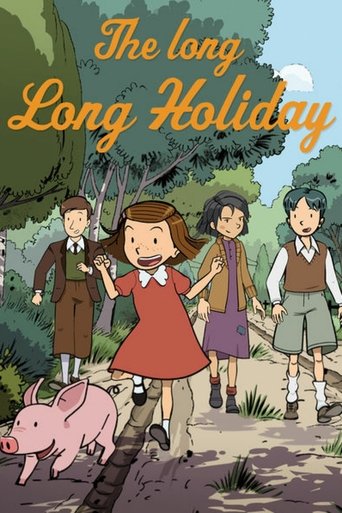 The poster features a charming illustration of four children walking along a dirt path in a lush, green forest. The warm, inviting colors create a cozy and nostalgic atmosphere, evoking the feeling of a cherished family holiday. The title, "The Long, Long Holiday," is prominently displayed at the...