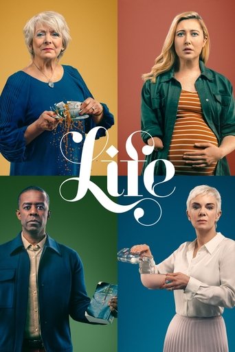 This TV poster for "Life" features four distinct characters against vibrant backgrounds—warm orange, green, and blue. The title "Life" is elegantly written in white script, framing the image. The mood is contemplative and artistic, suggesting themes of personal growth and self-discovery.
