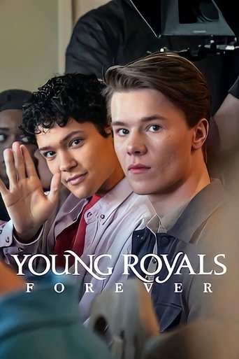 The poster features two young men in formal attire, one with dark curly hair and the other with light brown hair, both looking serious and contemplative. The muted tones of the image, combined with the bold white text, evoke a sense of drama and anticipation.