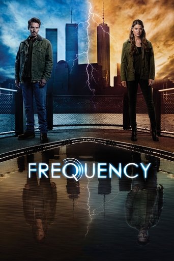 The poster features two individuals standing on a reflective platform against a dramatic cityscape backdrop. The scene is bathed in warm and cool tones, with lightning illuminating the skyline and creating a mysterious atmosphere. The title "Frequency" glows in the foreground, suggesting themes o...