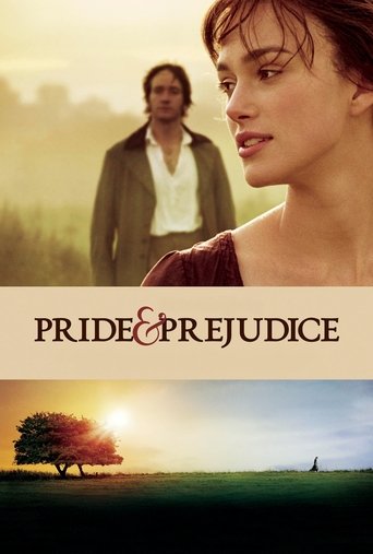 The poster features a romantic scene with a woman in the foreground and a man in the background, set against a warm sunset. The title "PRIDE & PREJUDICE" is prominently displayed in elegant typography. The overall mood is one of timeless romance and intrigue, evoking the classic tale of social st...
