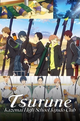 The poster features a vibrant scene of students in colorful uniforms, with dynamic poses suggesting action and camaraderie. The warm tones of the uniforms contrast with the bright blue sky, creating a lively atmosphere. The title "Tsurune" is prominently displayed in elegant script, emphasizing t...