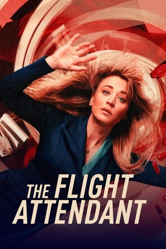 The poster features a woman with flowing blonde hair, wearing a dark blue jacket, as she lies on her back against a vibrant red and orange background. The title "THE FLIGHT ATTENDANT" is prominently displayed in bold white letters at the bottom. The overall mood is dramatic and energetic, suggest...
