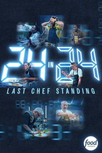 The poster features a dark, moody background with glowing blue neon text. Several chefs are depicted in various action poses, some holding plates, others working at tables. The mood is intense and dramatic, suggesting high-stakes cooking competitions. The overall design conveys a sense of urgency...