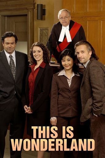 The poster features six characters in a courtroom setting, with warm lighting and earthy tones. The mood is serious yet hopeful, suggesting a dramatic legal drama. The title "This Is Wonderland" is prominently displayed at the bottom, hinting at the show's unique and surreal themes.