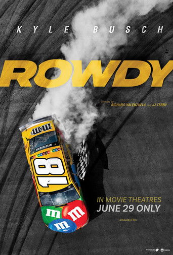 The poster features a gritty, high-contrast design with bold yellow text against a dark background. A racing car with the number 18 and an M&M logo is prominently displayed, emitting smoke, suggesting action and speed. The overall mood is intense and energetic, capturing the essence of a thrillin...