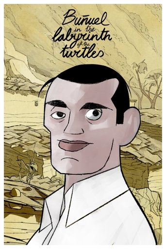 The poster features a stylized, cartoonish Buñuel with a serious expression against a sepia-toned desert landscape. The warm, muted colors evoke a nostalgic, melancholic mood, capturing the essence of his surreal, dreamlike world.